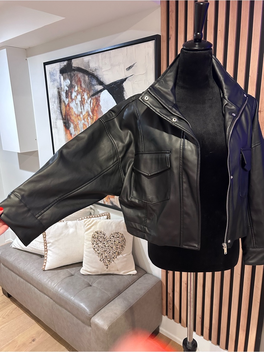 Black Women's Cropped Faux Leather Jacket